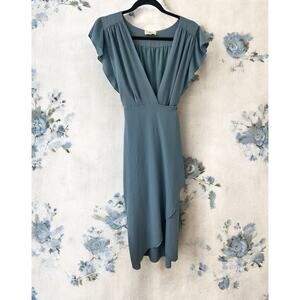 NWT Lilyful size L Wrap Dress slate blue short sleeve ruffles garden wedding NEW